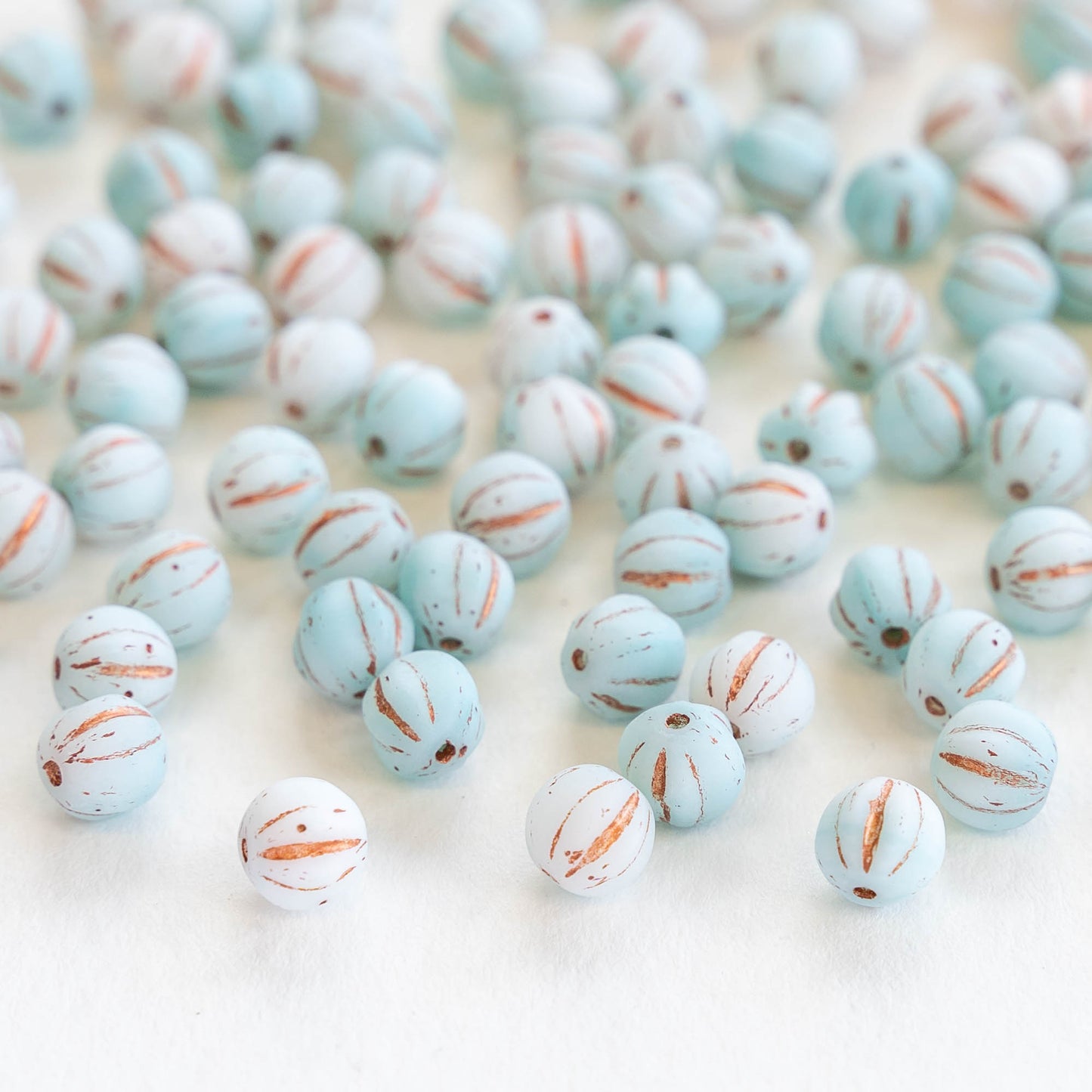6mm Glass Beads - Matte Aqua & White with Copper Wash -  50 or 100