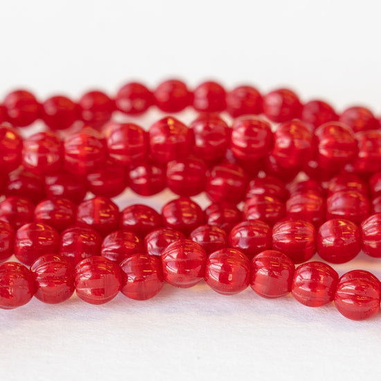 6mm Melon Beads - Red Orange Mix - Large Hole - 44 Beads