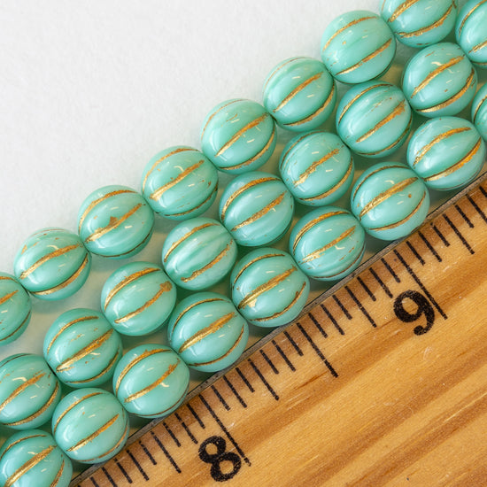 6mm Melon Beads - Light Turquoise with Gold Wash - 20 Beads