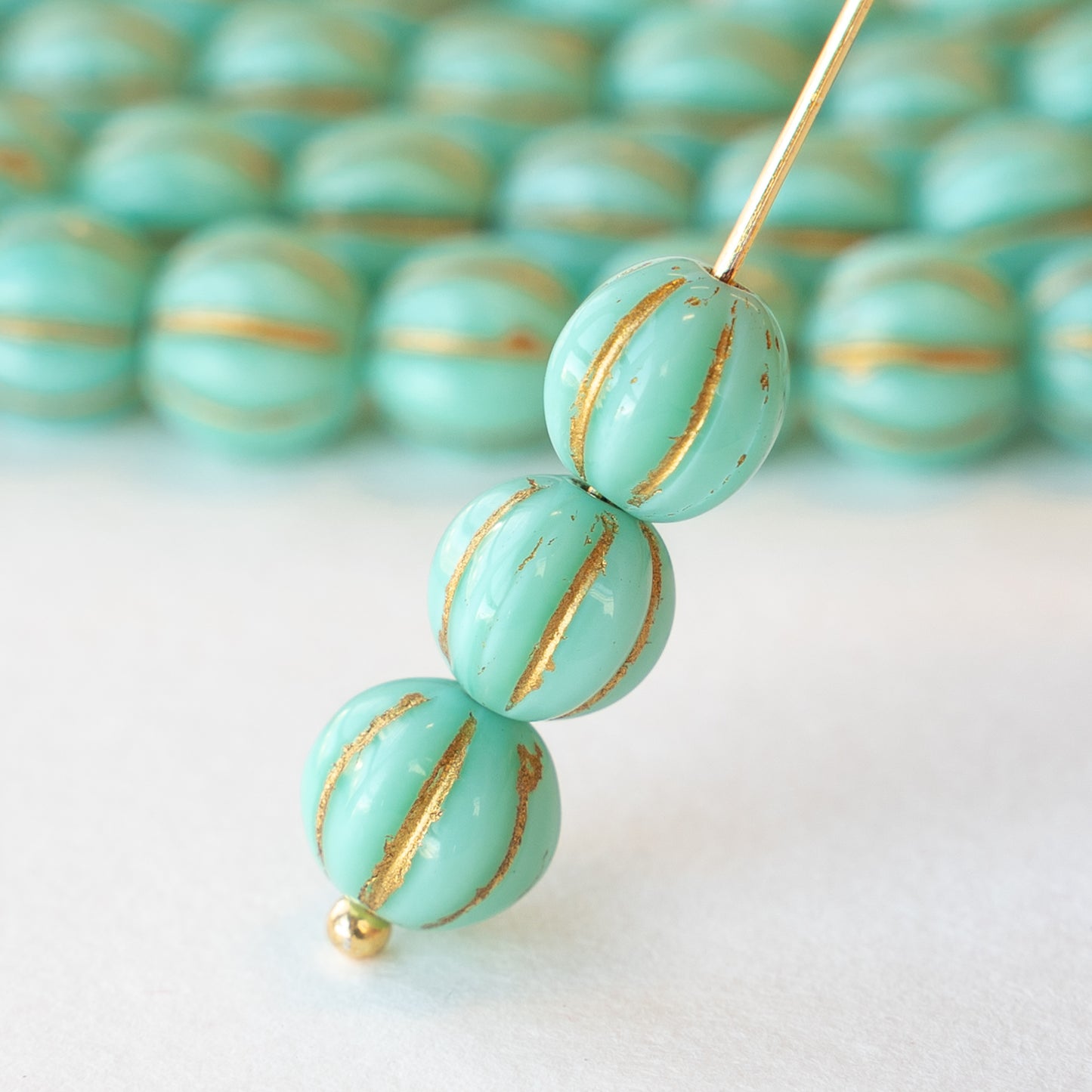 6mm Melon Beads - Light Turquoise with Gold Wash - 20 Beads