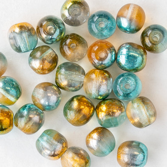 6mm Round Glass Beads -  Orange Teal - 25 beads