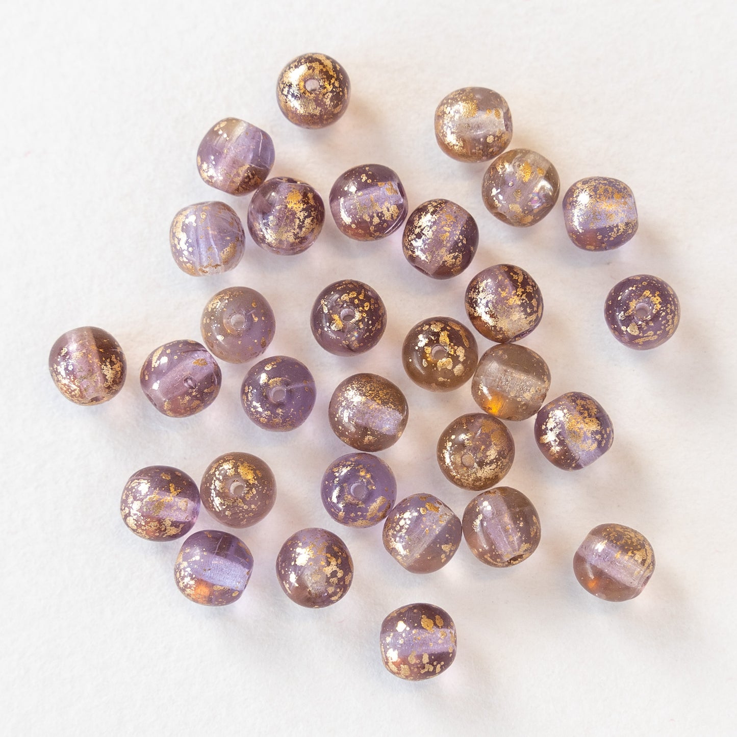 6mm Round Glass Beads - Lavender with Gold Dust - 30 Beads