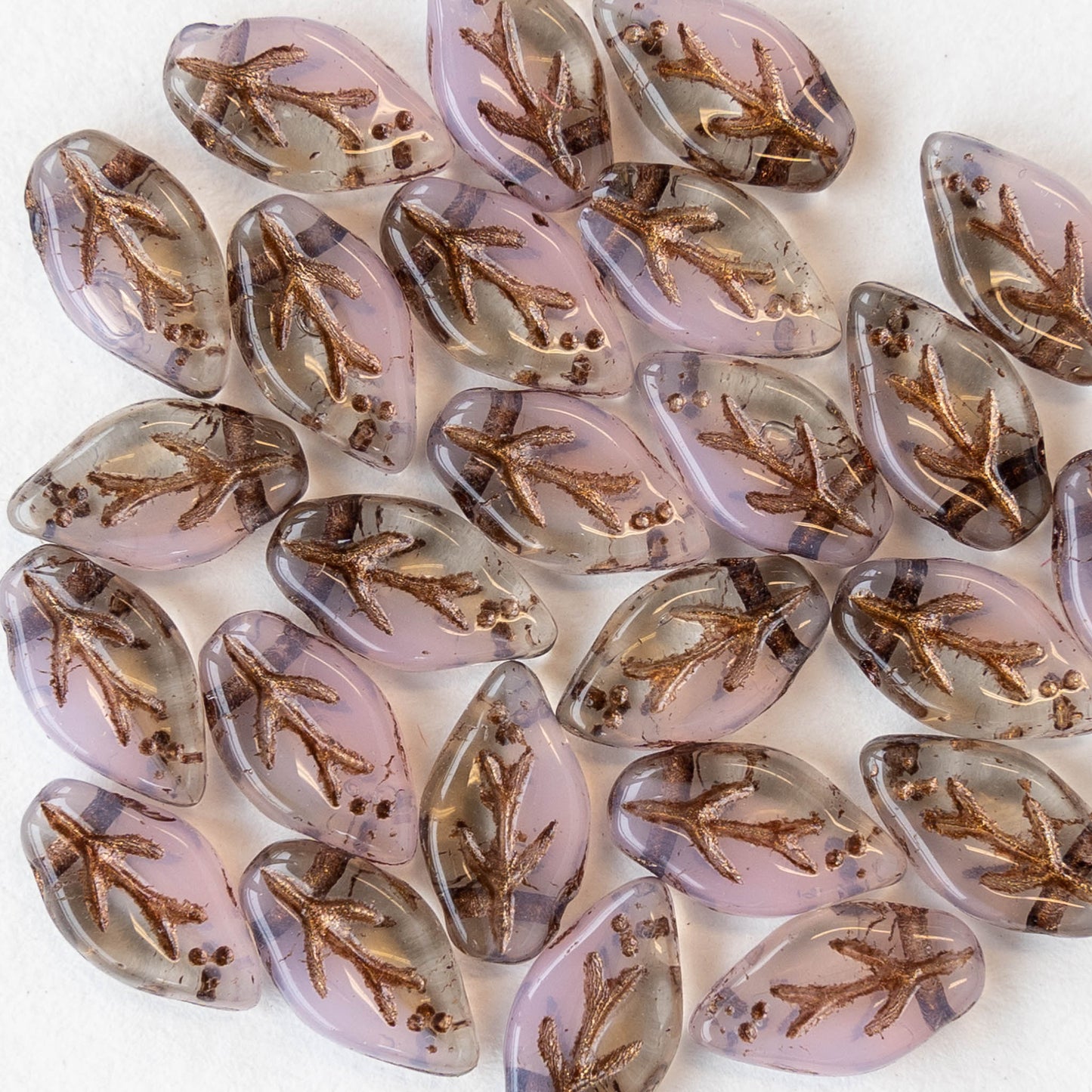 6x10mm Czech Glass Leaf Beads - Pink Opaline and Topaz Mix with Dark Bronze Wash - 25