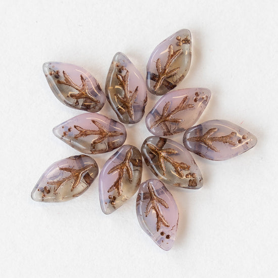 6x10mm Czech Glass Leaf Beads - Pink Opaline and Topaz Mix with Dark Bronze Wash - 25