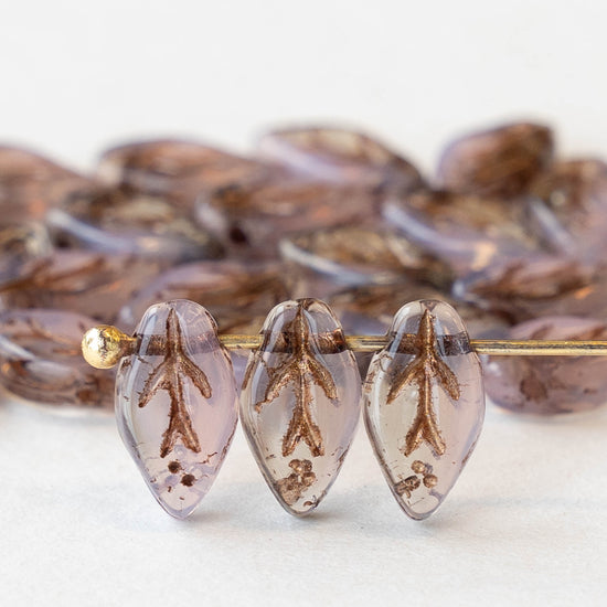 6x10mm Czech Glass Leaf Beads - Pink Opaline and Topaz Mix with Dark Bronze Wash - 25