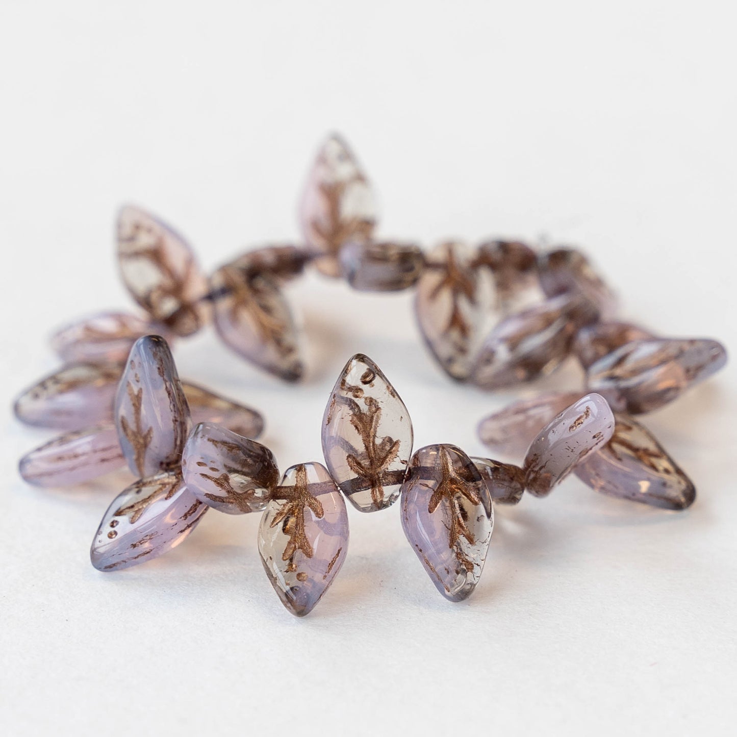 6x10mm Czech Glass Leaf Beads - Pink Opaline and Topaz Mix with Dark Bronze Wash - 25