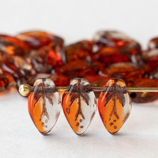 6x10mm Czech Glass Leaf Beads - Red and Topaz Transparent Mix - 25 beads