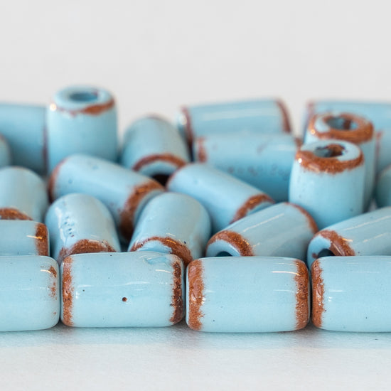 6x10mm Shiny Glazed Ceramic Tube Beads - Baby Blue