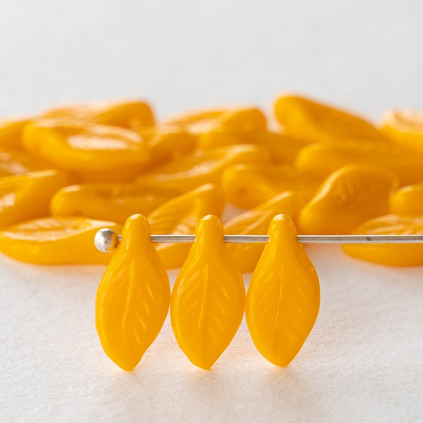 6x12mm Glass Leaf Beads - Opaque Sunflower Yellow - 30 beads