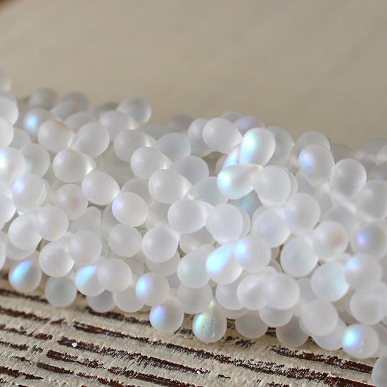 4x6mm Glass Teardrops - Etched Crystal Matte AB - 100 Beads