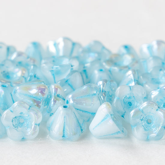 Load image into Gallery viewer, 6x8mm Trumpet Flower Beads - Creamy White with Blue Wash - 30 beads
