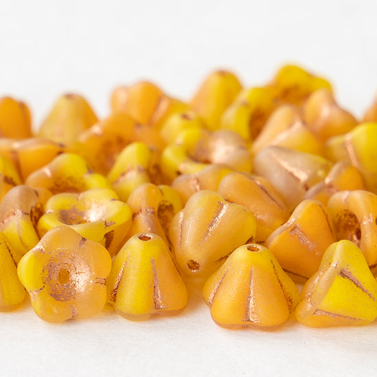 6x8mm Trumpet Flower Beads - Yellow Orange Mix with Pink Wash - 30 beads