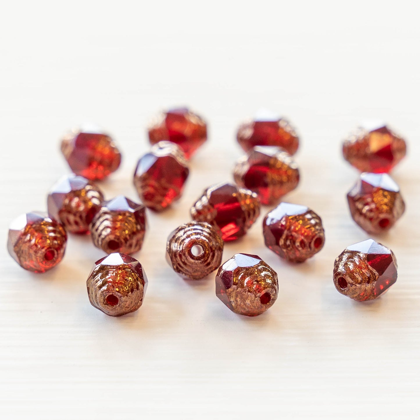 8x6mm Czech Cathedral Beads - Red with Gold Finish - 16 Beads