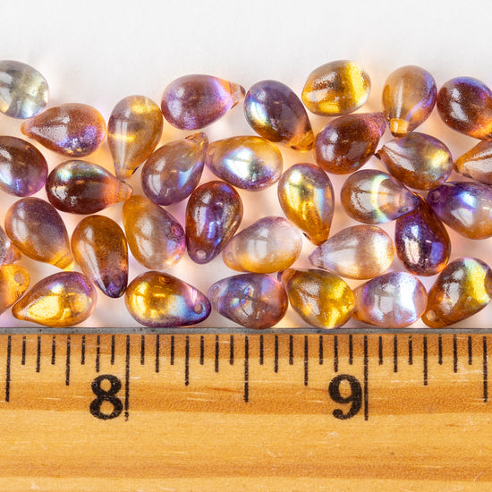 6x9mm Glass Teardrop Beads - Amber Purple Luster - 50 Beads