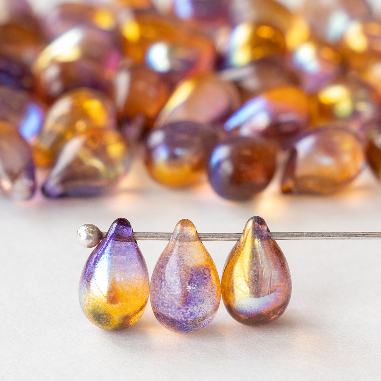6x9mm Glass Teardrop Beads - Amber Purple Luster - 50 Beads