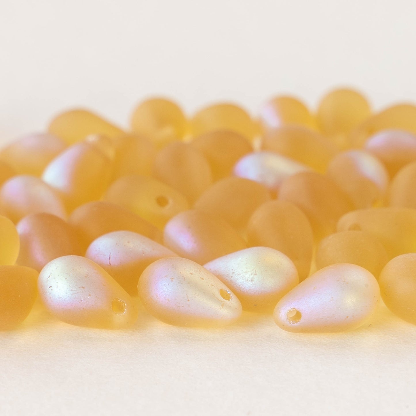 6x9mm Glass Teardrop Beads - Amber Matte with a Light AB Finish - 50 Beads