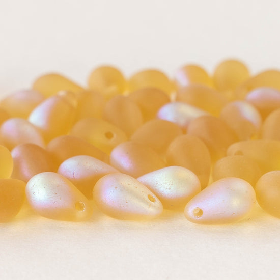 6x9mm Glass Teardrop Beads - Amber Matte with a Light AB Finish - 50 Beads