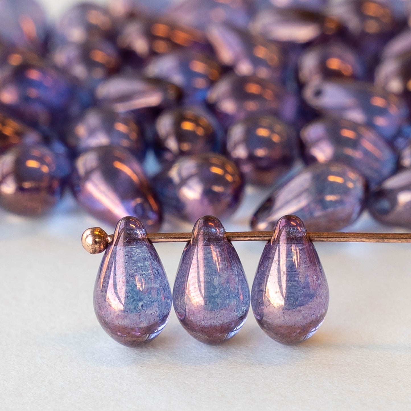 6x9mm Glass Teardrop Beads - Blue with a Purple Luster Finish - 50 Beads