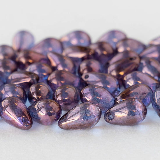 6x9mm Glass Teardrop Beads - Blue with a Purple Luster Finish - 50 Beads