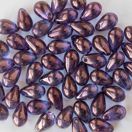 6x9mm Glass Teardrop Beads - Blue with a Purple Luster Finish - 50 Beads