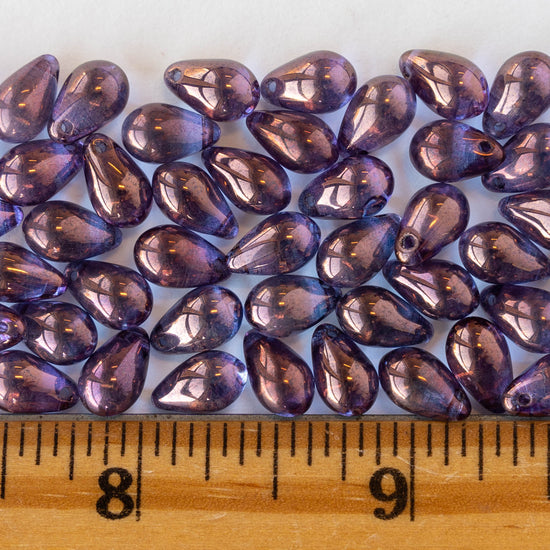 6x9mm Glass Teardrop Beads - Blue with a Purple Luster Finish - 50 Beads