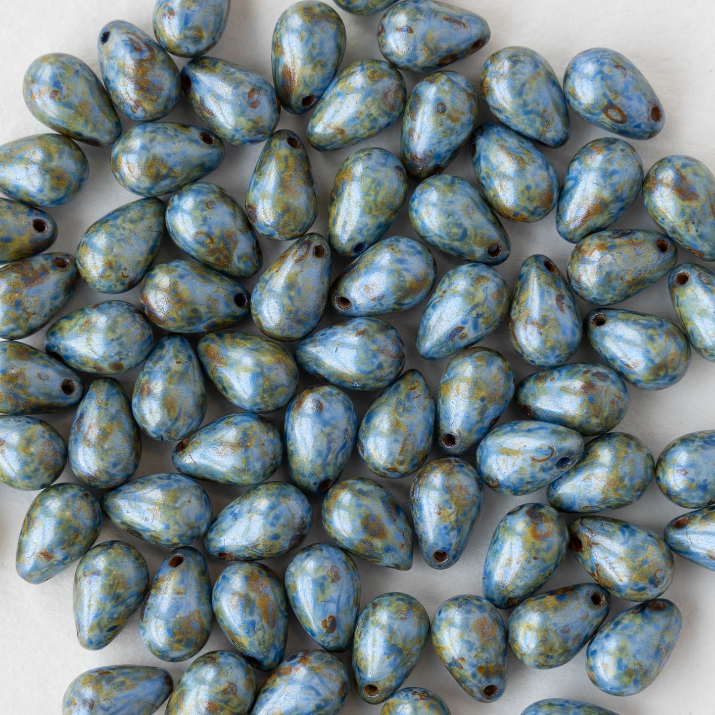 6x9mm Glass Teardrop Beads - Opaque Blue with a Picasso Finish - 50 Beads