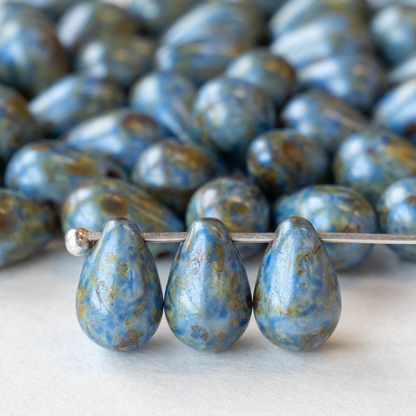 6x9mm Glass Teardrop Beads - Opaque Blue with a Picasso Finish - 50 Beads