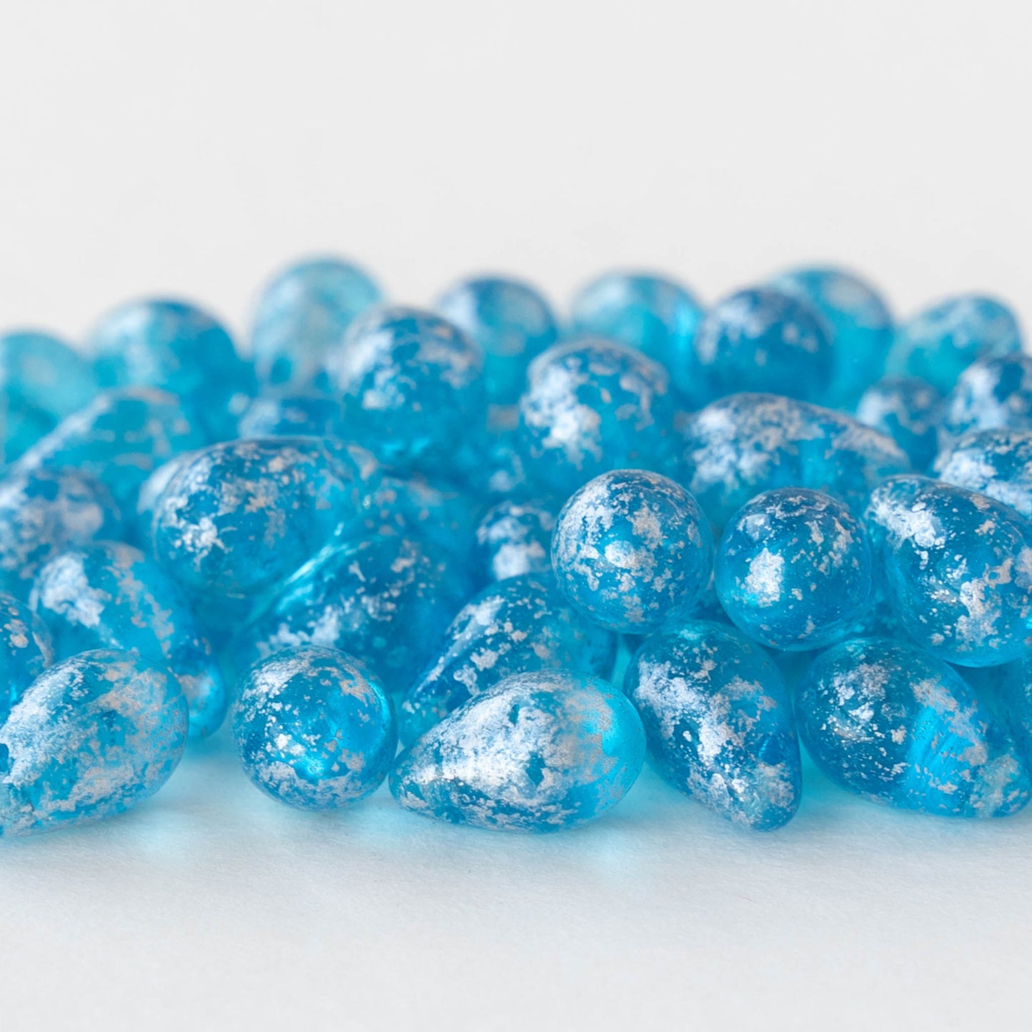 6x9mm Glass Teardrop Beads - Aqua Blue with Silver Dust - 50 Beads