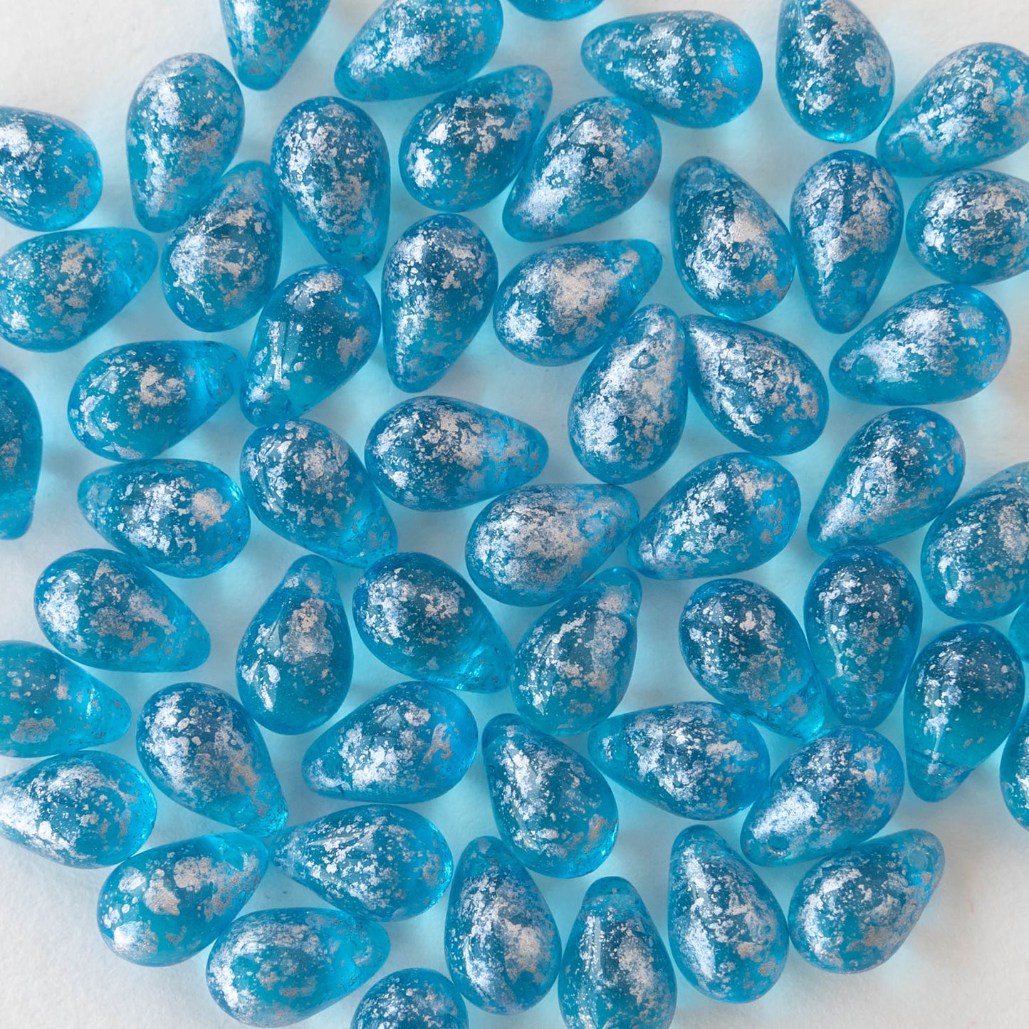 6x9mm Glass Teardrop Beads - Aqua Blue with Silver Dust - 50 Beads