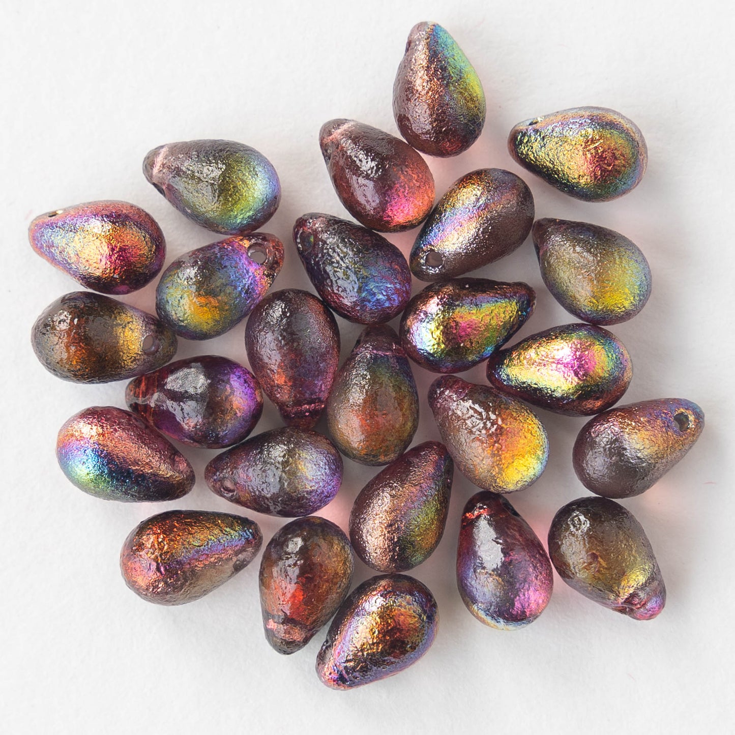 6x9mm Glass Teardrop Beads - Etched Raspberry Rainbow - 25 Beads