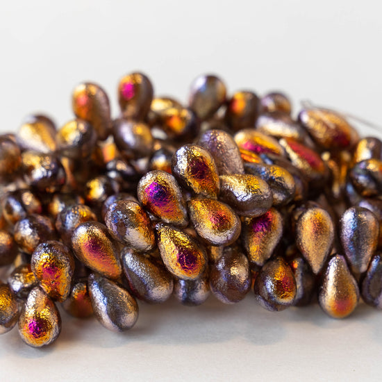 6x9mm Glass Teardrop Beads -  Gold Etched Fire Tones - 25 Beads