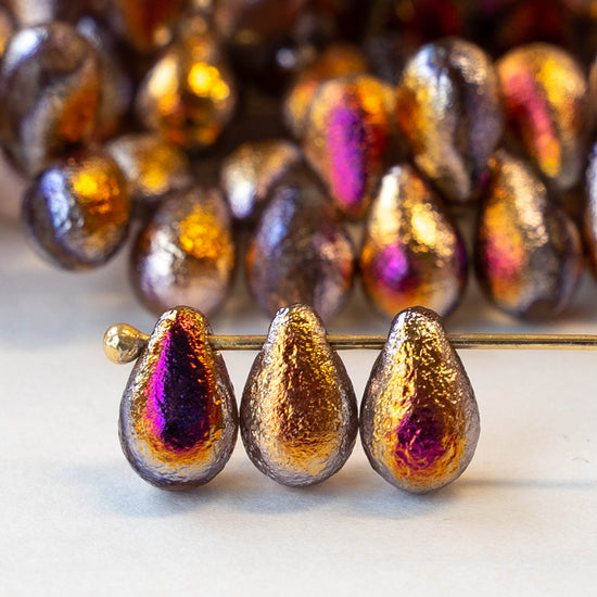 6x9mm Glass Teardrop Beads -  Gold Etched Fire Tones - 25 Beads