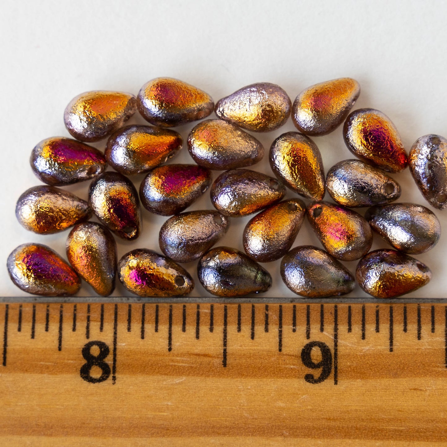 6x9mm Glass Teardrop Beads -  Gold Etched Fire Tones - 25 Beads