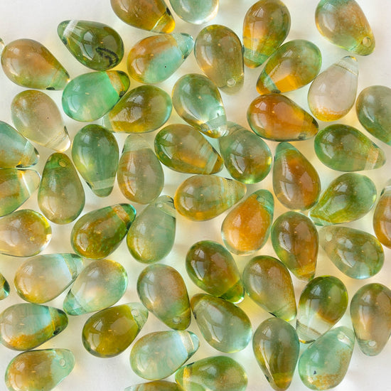6x9mm Glass Teardrop Beads - Seafoam Orange Mix - 50 beads