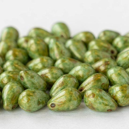 6x9mm Glass Teardrop Beads -Opaque Moss Green with a Picasso Finish - 50 Beads