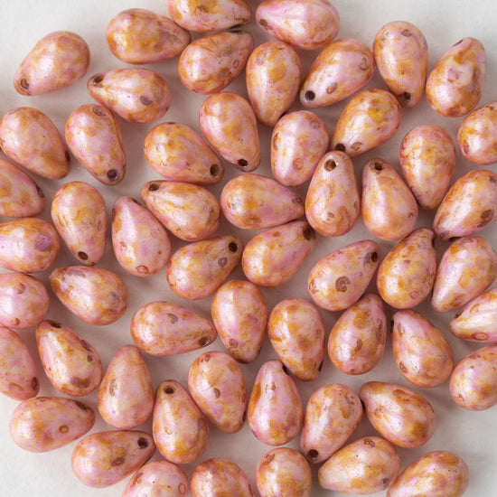 6x9mm Glass Teardrop Beads - Opaque Pink Picasso - 30 Beads