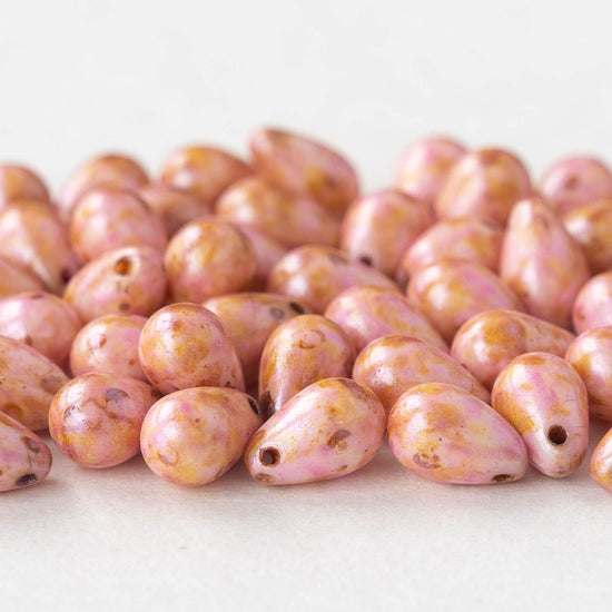 6x9mm Glass Teardrop Beads - Opaque Pink Picasso - 30 Beads