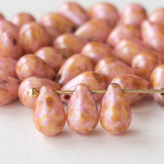 6x9mm Glass Teardrop Beads - Opaque Pink Picasso - 30 Beads