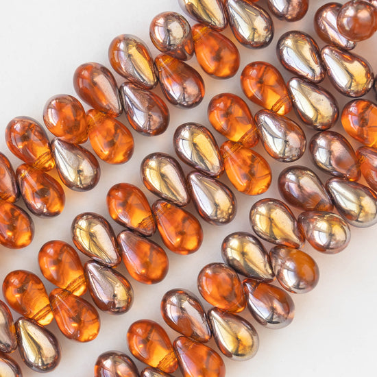 6x9mm Glass Teardrop Beads - Orange with a Gold Finish - 50 Beads