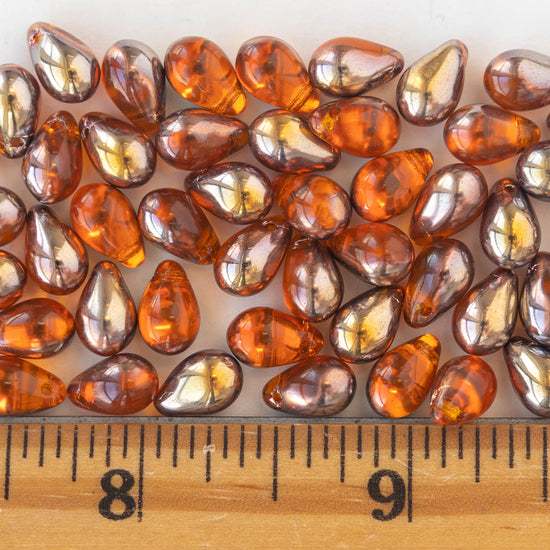 6x9mm Glass Teardrop Beads - Orange with a Gold Finish - 50 Beads