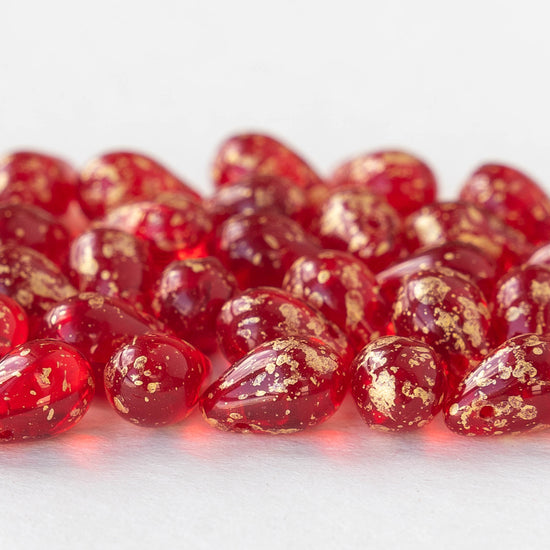6x9mm Glass Teardrop Beads - Red with Gold Dust - 50 Beads