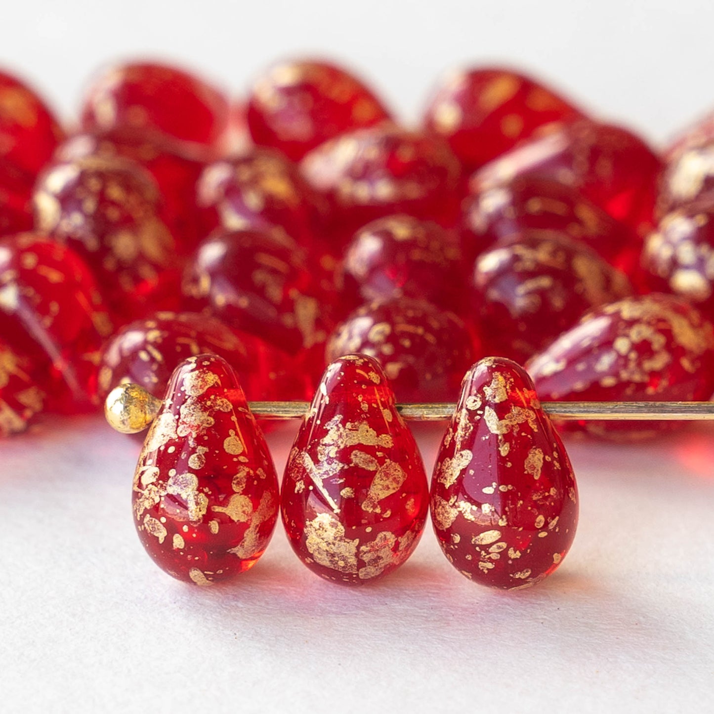 6x9mm Glass Teardrop Beads - Red with Gold Dust - 50 Beads