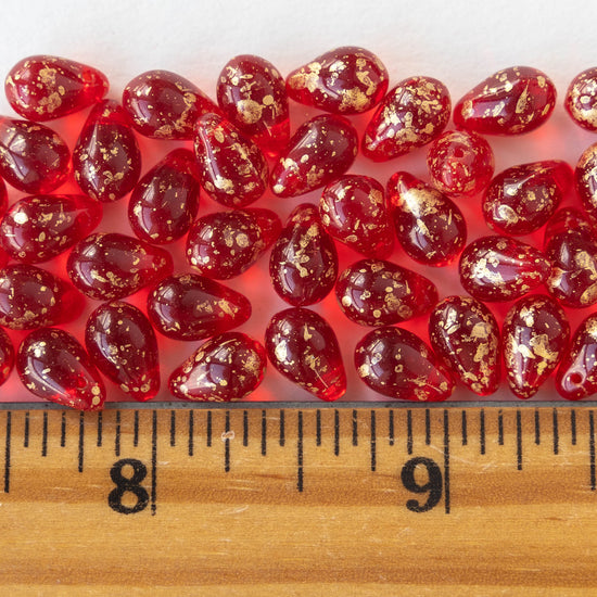 6x9mm Glass Teardrop Beads - Red with Gold Dust - 50 Beads