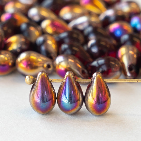 6x9mm Glass Teardrop Beads - Black Iridescent Iris - 30 Beads
