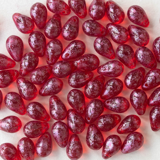 6x9mm Glass Teardrop Beads - Red with Pink Dust - 50 Beads