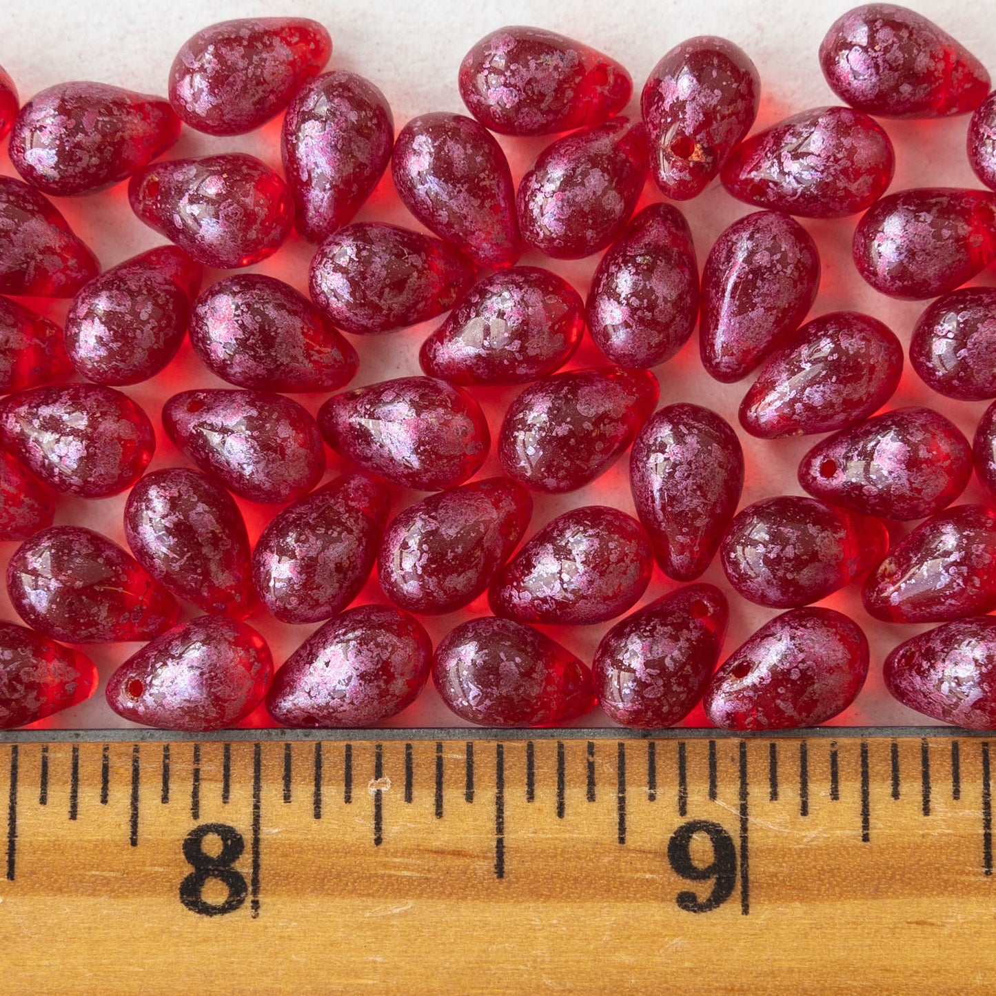 6x9mm Glass Teardrop Beads - Red with Pink Dust - 50 Beads