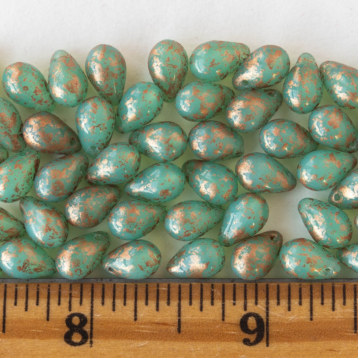 6x9mm Glass Teardrop Beads - Seafoam Green with Gold Dust - 50 Beads