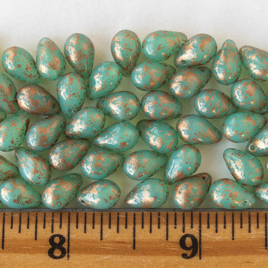 6x9mm Glass Teardrop Beads - Seafoam Green with Gold Dust - 50 Beads