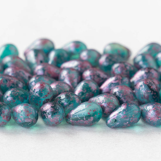 6x9mm Glass Teardrop Beads - Teal Aqua with Pink Dust - 50 Beads