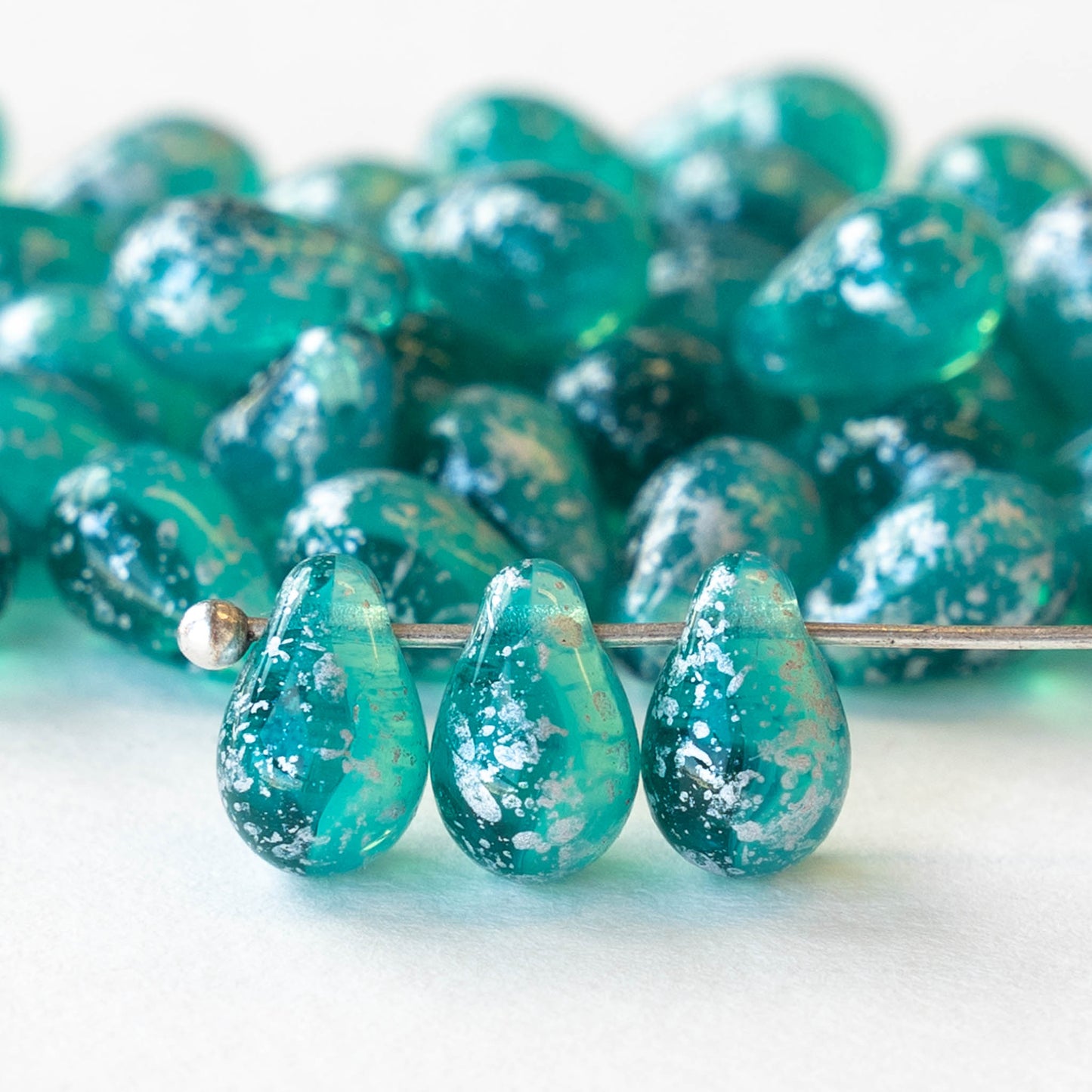 6x9mm Glass Teardrop Beads - Teal Aqua with Silver Dust - 50 Beads